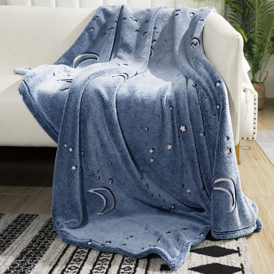Image Title Glow in The Dark Throw Blanket, Moon and Stars Soft Warm Cozy Fuzzy Plush Blanket for Kids Teenage Boys Girls Women Best Friend Birthday Christmas